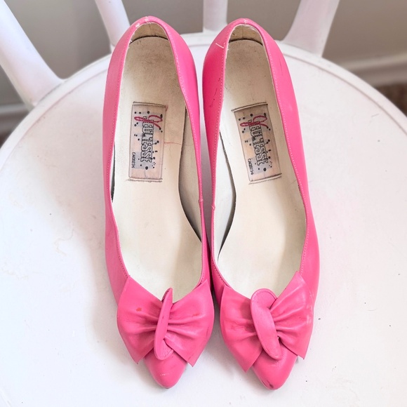 Vintage Pink Leather Stiletto Pumps Bows 8.5 / 9 - Picture 3 of 5